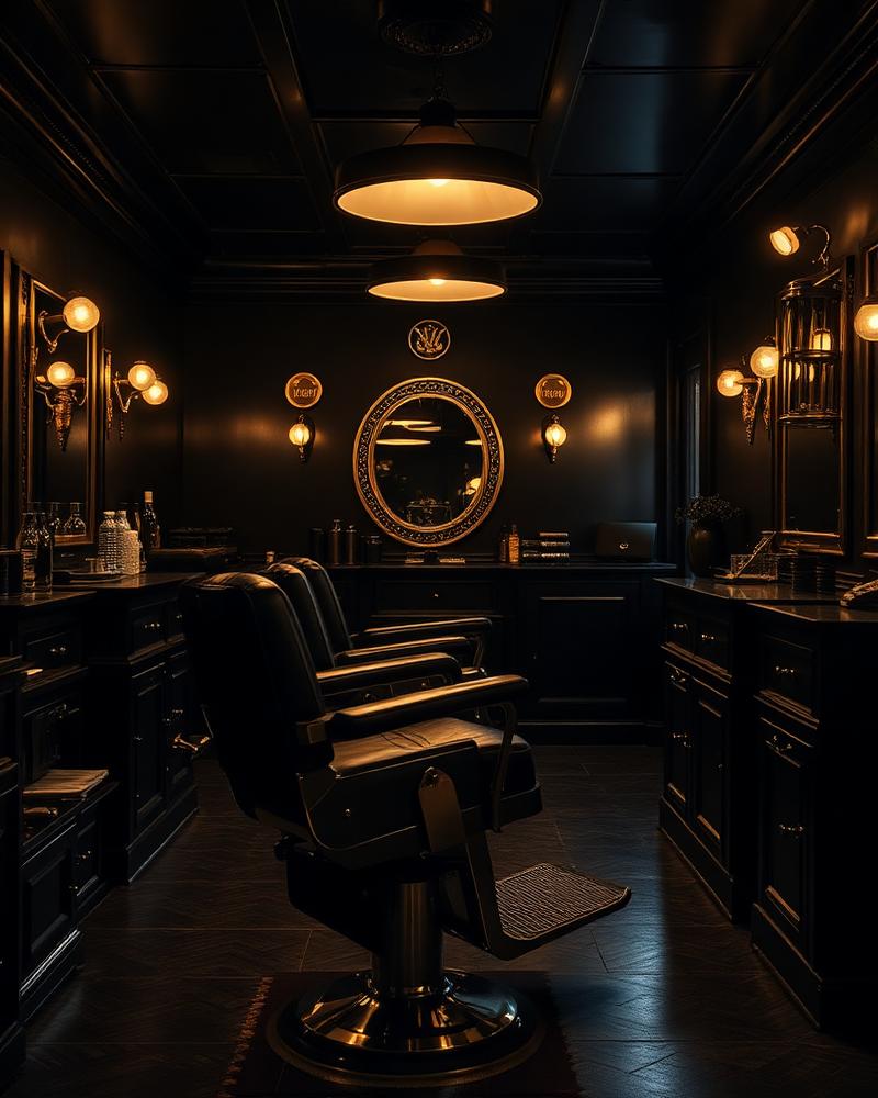 Wnętrze barbershopu z czarnym skórzanym fotelem i mosiężnymi detalami